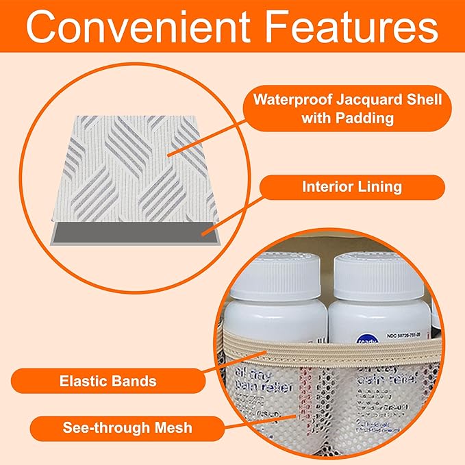 Medium Travel Pill Bottle Organizer, Slim Medicine Bag, Carrier for Medications and Medical Supplies - Jacquard Gray