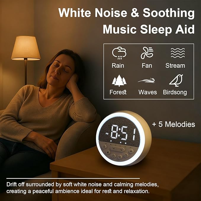 Sunrise Alarm Clock and Sound Machine Nightlight Adjustable Brightness, Rechargeable Wake Up Light Digital, Sleep Timer, Sleep Sounds, White Noise for Baby Kids Adults, Nature Soft Light for Bedroom