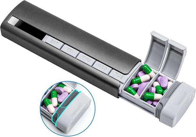 Daviky Metal Travel Pill Organizer, Premium Aluminum Pill Box 7 Day, Weekly Daily Pill Case, Stylish&Cute Pill Holder for Medicines, Supplements and Vitamins (Gray)