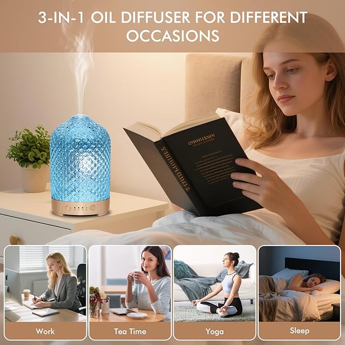 Essential Oil Diffuser 200ml-Ultrasonic Aroma Diffuser with 4 Timers, Aromatherapy Diffuser 7 Color LED Lights Auto Shut-Off Protection for Home Office (Diamond-Glass)