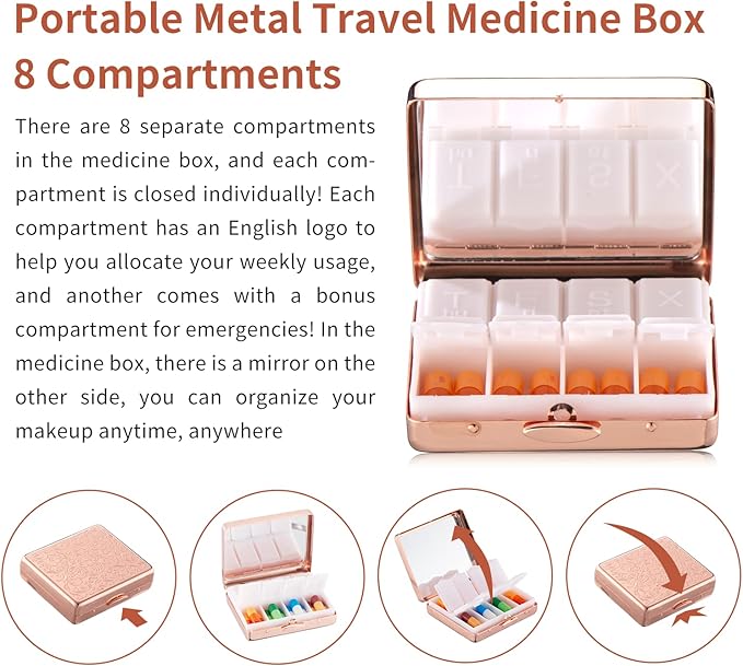 Portable Metal Travel Medicine Box with a Mirror / 8 Compartments (Rose Gold)
