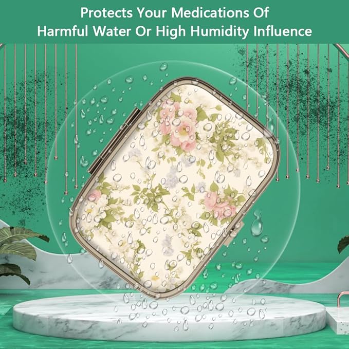 Pill Organizer Pill Box with Mirror Retro Small Pill Case for Purse or Pocket Bronze Pill Box or Vitamins, Fish Oil, Supplements, Pill Containe Travel Gifts（2PCS-Vintage Floral）