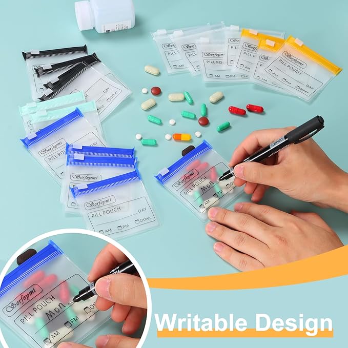 Serfeymi 72 Pcs Pill Pouch Bags for Travel Reusable Plastic Bags 3"x3" 12 mil (Double Sided) Translucent Zipper Pill Pouches for Medicine with Slide Lock & Writable Label, 1x Marker-Green+Blue+Yellow