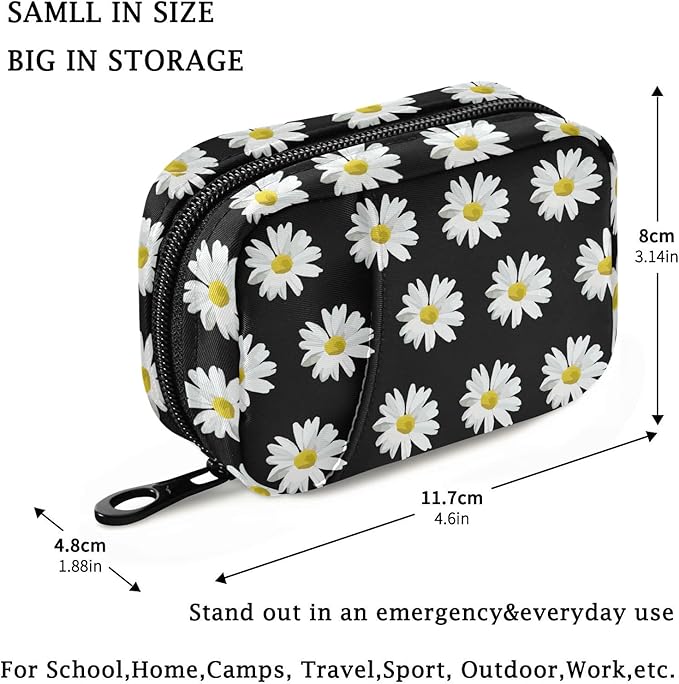 Fustylead White Daisy Travel Pill Organizer Bag with Zipper Small Pill Box 7 Day Pill Case for Purse Storage Weekly Vitamin Medicine Supplement