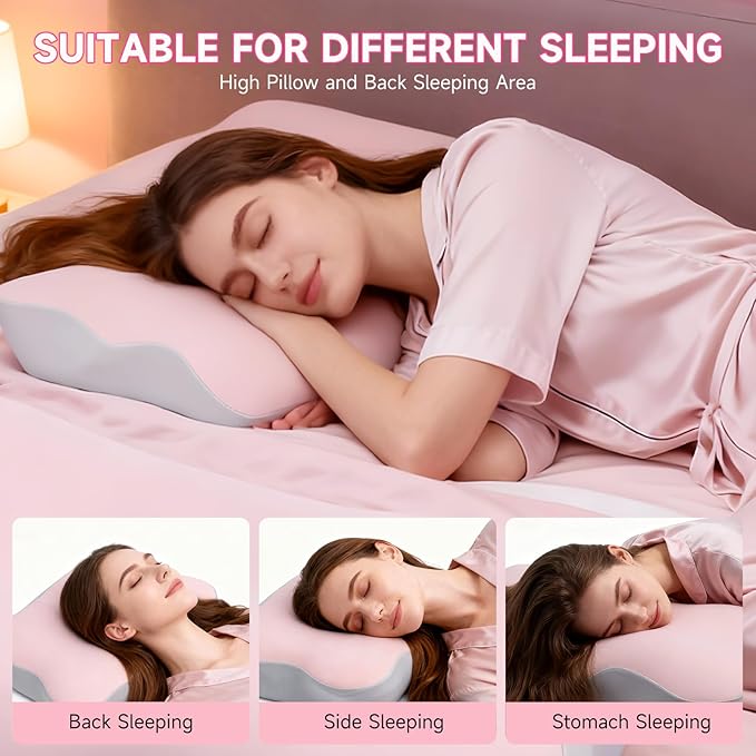Ergonomic Neck Pillow for Sleeping, Breathable Snoring Memory Foam Pillows, Sleep Apnea Pillows for Neck Correcting/Cozy Rest/Deep Sleep/Fibromyalgia Pillow [Pink]