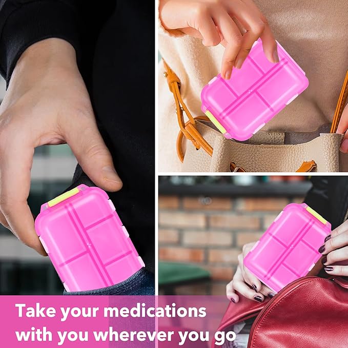 Travel Pill Box with 189 Medicine Labels, 10 Compartments Travel Medicine Organizer Medicine Pill Organizer Mini Travel Essentials Pill Organizer with Stickers (Pink, 1 Pack)