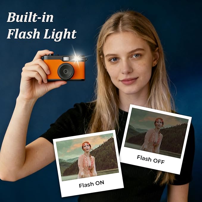 Screen Free Digital Camera, Reusable 12MP Vintage Digital Camera with Unlimited DIY Filters, OTG Support and Flash Light for Summer Camp with 32GB Micro SD Card, OTG Adapter and Type-C Cable（Orange）