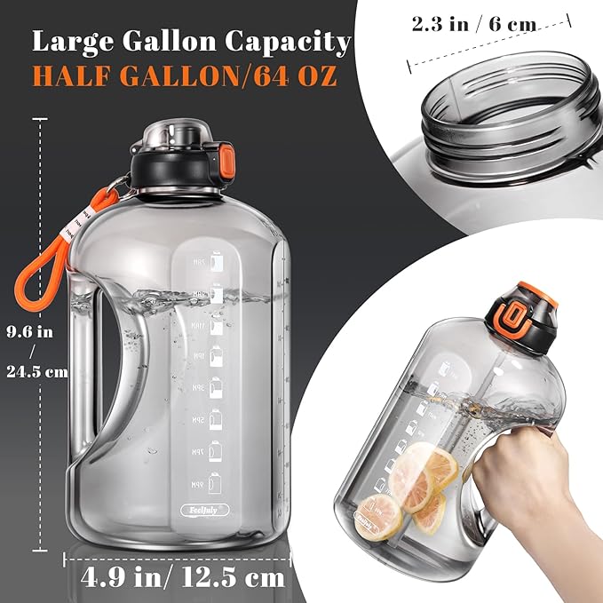 64 OZ Water Bottle with Straw, Half Gallon Water Bottle Times to Drink, Reusable Leak Proof Water Jug Handle with Strap, 2 Lids BPA Free for Fitness Gym Camping (Grey, 64 Ounces)