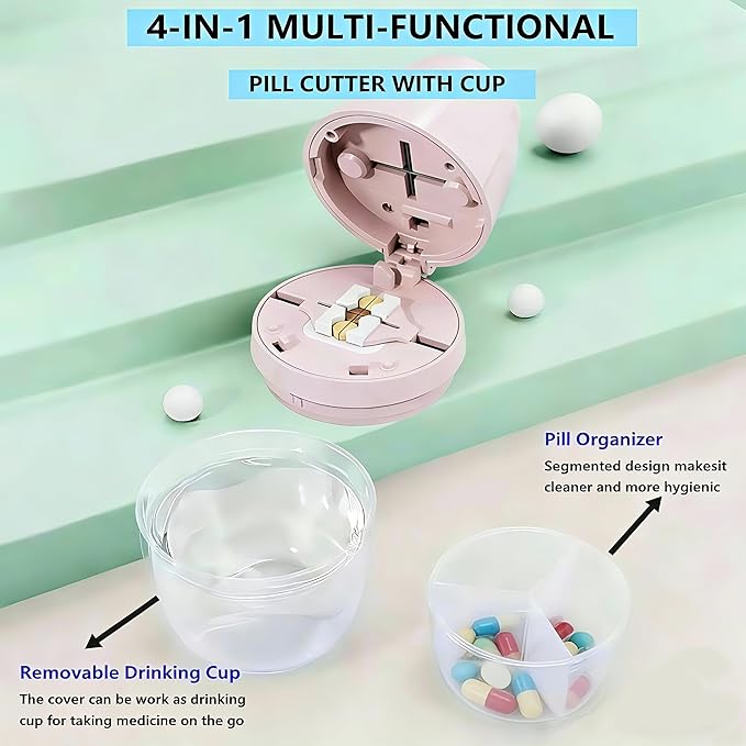 Pill Cutter 1/4,Pill Crusher,Splitter for Smalla Pills,Pill Organizer, Suitable for Carrying On The Go (Pink)