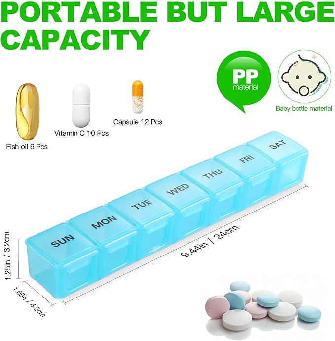 Pill Organizer XL Extra Large Weekly and Daily Pill Cases for Pills/Vitamin/Fish Oil/Supplements (Light Blue)