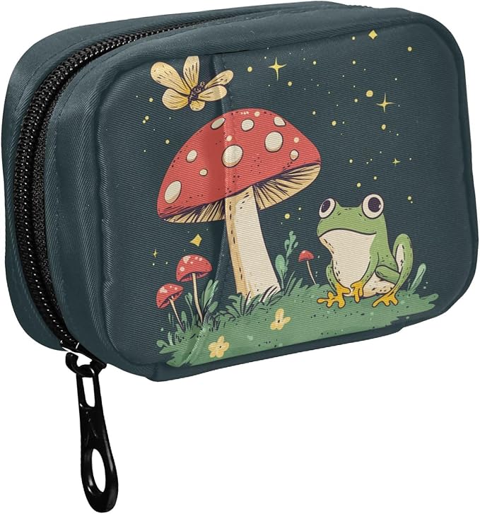 Fustylead Cute Frog and Red Mushroom Butterfly Travel Pill Case Bag with Zipper Weekly Pill Box 8 Compartments 7 Day Personal Pill Case Purse Medicine Case Organizer
