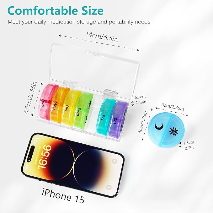 MOLN HYMY Portable Pill Organizer 2 Times a Day, Travel Friendly 7 Day Medicine Pill Box with Large AM PM Compartments for Medications/Vitamins/Fish Oil/Supplements (Rainbow+White Case)