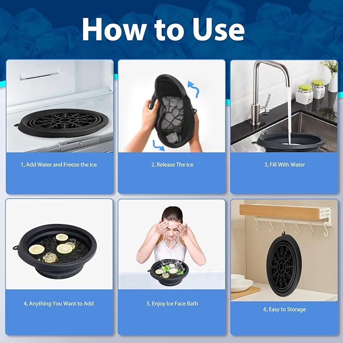 Ice Bowl for Face with Built-in Ice Tray, Foldable Silicone Face Bowl for Ice, Facial Ice Bath Bowl, Skin Tightening & Acne Relief, Portable Ice Face Bowl for Home Travel - Black