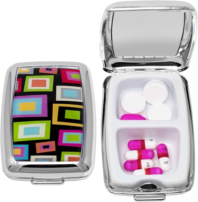 Set of 2 Dual-Compartment Rectangular Pocket Purse Pill Box & Organizer with Insert (Retro Squares)
