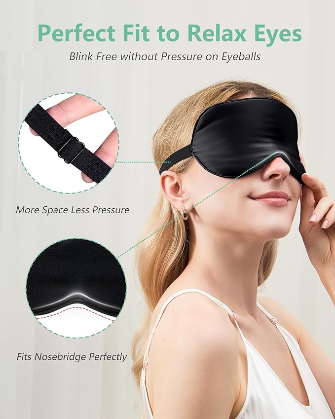 BeeVines 100% Real Mulberry Silk 2 Pack Sleep Mask, Pure Silk Eye Masks with Adjustable Strap for Sleeping, 100% Block Light Eye Shade Cover, Reduces Puffy Eyes Traveling Gifts(Black & Green)