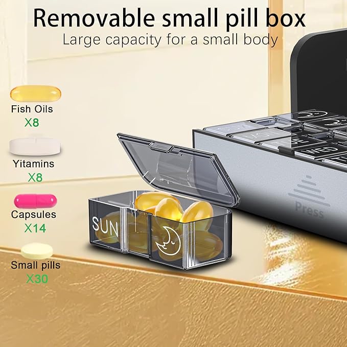 Pill Organizer 7 Day AM PM, Discreet 2 Times a Day Weekly Pill Box with Double Protection Shell, Large Capacity Portable Vitamin Case for Travel Meds & Medicine Organizer (Silver and Yellow)