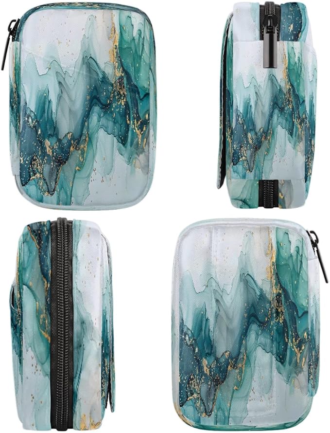 Abstract Teal Marble Travel Pill Organizer Box Weekly Portable Pill Case Daily Pills 7 Day Small Birth Control Pills Container Removable Compartments for Medicine Vitamins Fish Oil
