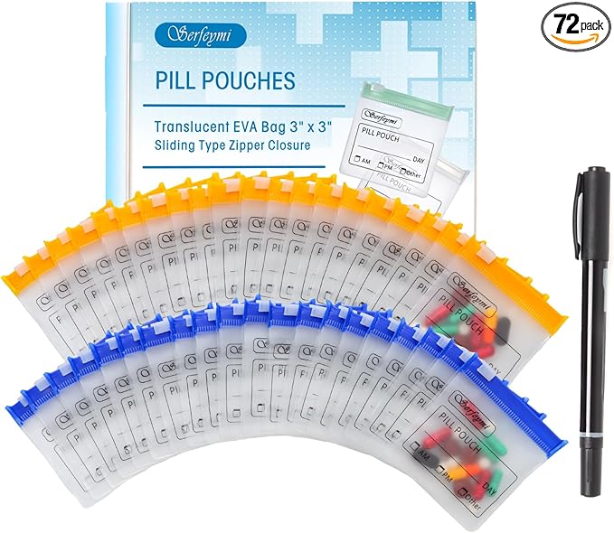Serfeymi 72 Pcs Pill Pouch Bags for Travel Reusable Plastic Bags 3"x3" 12 mil (Double Sided) Translucent Zipper Pill Pouches for Medicine with Slide Lock & Writable Label, 1x Marker-Blue+Yellow