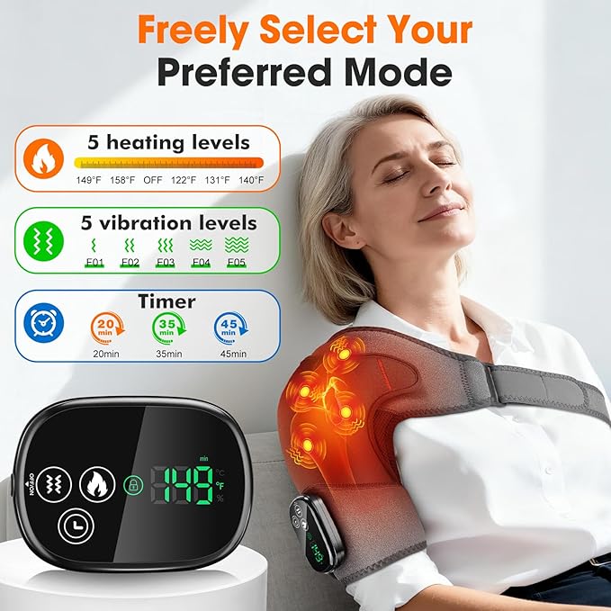 Shoulder Heating Pad with Massage, Cordless Heated Shoulder Brace Wrap Massager for Pain Relief Deep Tissue, Rotator Cuff Heating Pad, Gray