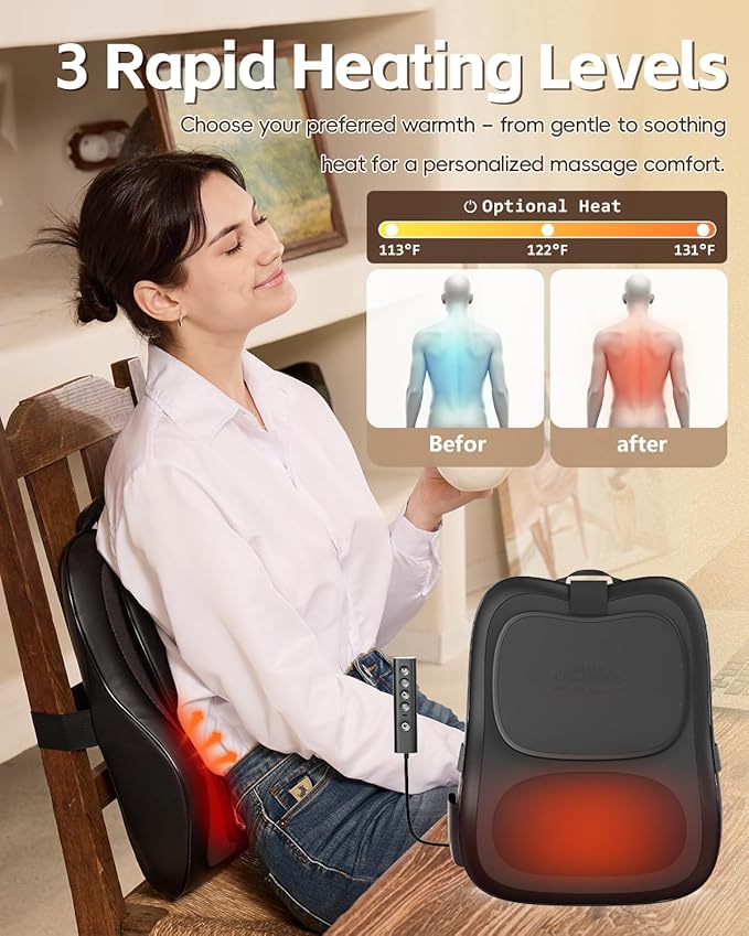 Up & Down Shiatsu Back Massage with Heat –External Adjustable Cushion Pad, 3D Kneading Massage Pillow for Lower Back, Neck, Shoulder, Leg Pain Relief Deep Tissue for Office, Chair & Home (Black)