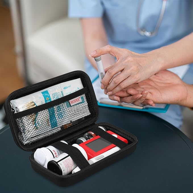 BOVKE Diabetic Supplies Case, Diabetes Travel Bag for Testing Kit, Blood Glucose Monitor Meters, Test Strips, Medication, Lancets, Needles, Syringes and Other Diabetic Supplies, Black