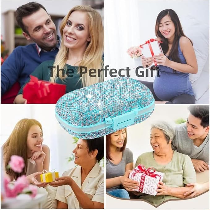 Daily 6 Compartments Pill Box Container Bling Diamond for Purse Medicine Container Holder for Women Travel Kit Medicine (AB Blue)