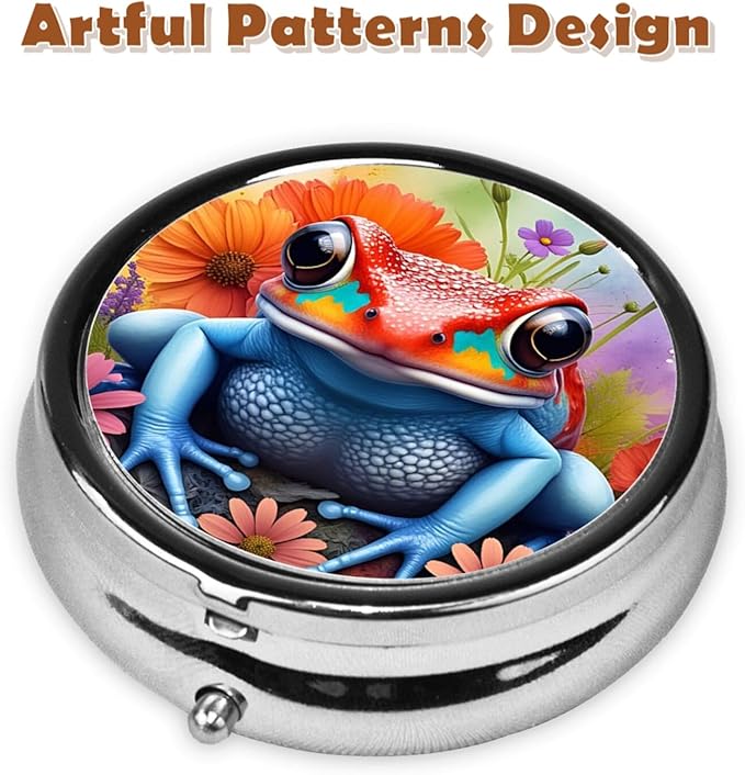 Metal Pill Organizer - 3-Compartment Mini Round Pill Case for Pocket & Purse, Portable Vitamin Holder, Easy-Open Design for Travel - Colorful Frog