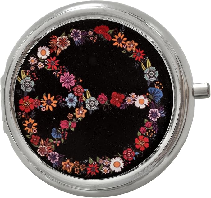 3 Compartment Pill Organizer Metal Portable Circle Pill Box 3 Times a Day for Vitamin,Supplements 70s Peace Sign(70S)