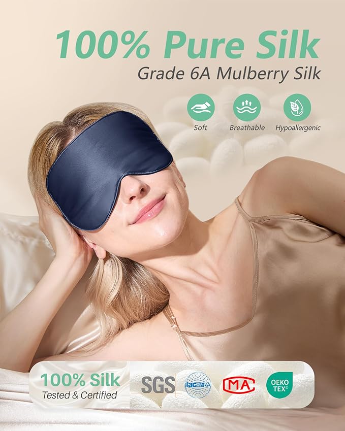 BeeVines Sleep Mask, 4 Packs 100% Real Natural Pure Silk Eye Masks with Adjustable Strap for Sleeping, Mulberry Silk Eye Sleep Shade Cover, Block Light Reduces Puffy Eyes Traveling Gifts(Blue)