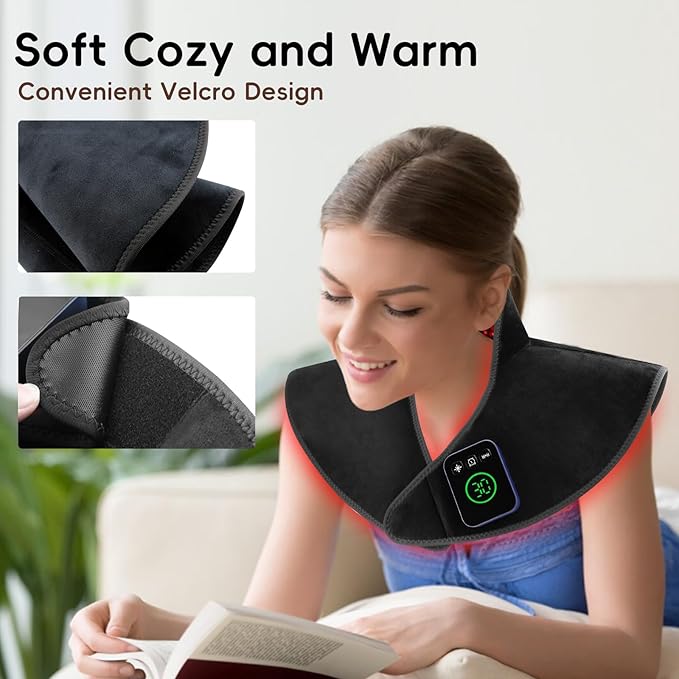 Cordless Red Light Therapy for Neck & Shoulders Pain Relief, 5000mAh 850nm Infra Device for Upper Back Muscle Relax with Timer, Rechargeable 660nm Wearable Heating Pad, for Women Men