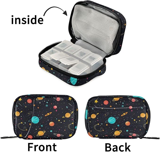 Fustylead Galaxy Constellation Universe Cartoon Flat Pill Organizer and Storage Weekly with Zipper, Removable Pill Box Portable Medicine Organizer for Vitamin Fish Oil Supplement