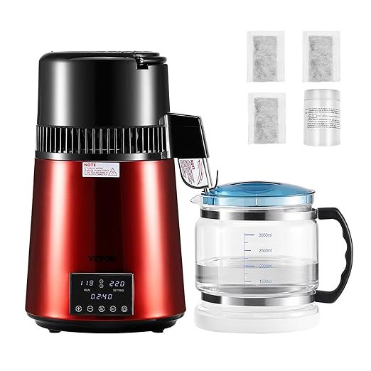 VEVOR 1750W Water Distiller, 0.4Gal/H Distilled Water Maker with Glass Carafe, 4L/1.1Gal Countertop Distiller Machine, 0-99H Time Temp Dual Display, Anti-dry Design 304 Stainless Steel Still, Wine Red