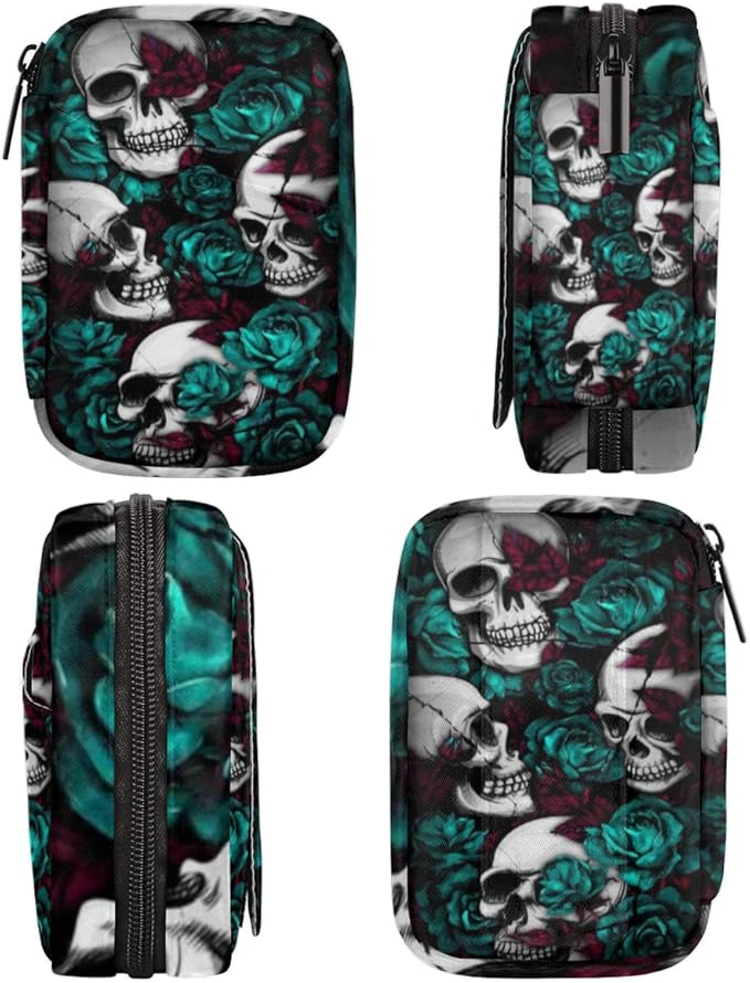 Skull Flower Gothic Style Pill Case Weekly Medicine Organizer with Travel Bag Seven-Day Pill Box Vitamin Supplement Box Fish Oil Pills Holder