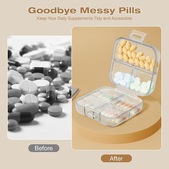 Small Travel Pill Box, Double Layer 7-Compartments Pill Organizer, 3.1" x 3.1" x 1.4" Portable Weekly Pill Case Container for Pocket, 7 Day Compact Medicine Holder for Vitamins, Fish Oils Clear