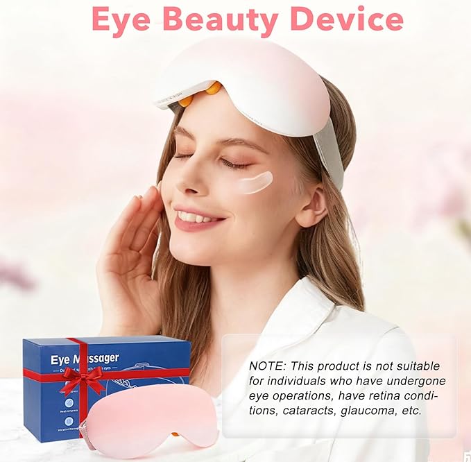 Eye Massager with Heat and Cooling for Migraines – 14 Massage Nodes for Eye Strain Relief, Rechargeable Bluetooth Music, Improve Sleep,Eye Strain Relief, Birthday Gifts for Women and Men(Pink)