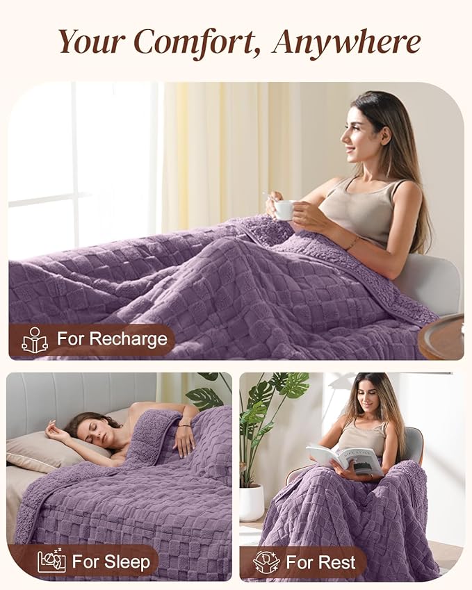 Kivik Dual Sided Weighted Blankets for Adults, Buttery Soft Stylish Checkered Heavy Blanket for Couch Sofa Bed, Ultra-Fluffy Fabric, Machine Washable (60"x80", Purple, 20 Pounds)
