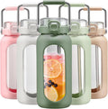 BLUEGO 64oz Water Bottle Glass with Stainless Steel Handle Large Water Bottle with Time Markers and Silicone Sleeve Half Gallon Water Jug BPA Free for Gym Daily Use, Olive