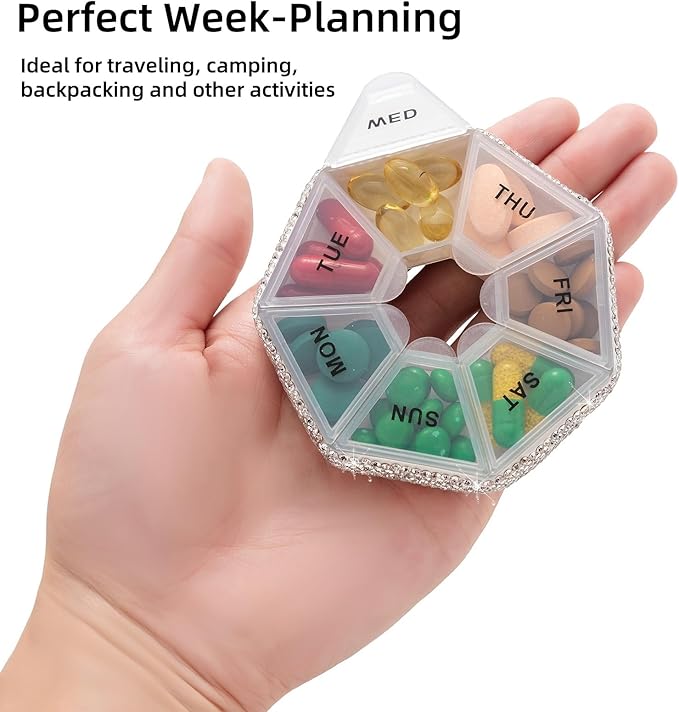 Round Pill Organizer Small Weekly Pill Case for Purse Bling Cute Medicine Pill Box Compact Vitamin Container 7 Day Daily Pill Holder Planner(Purple)