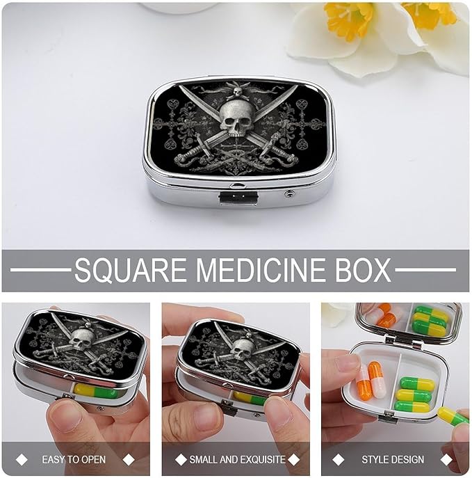Metal Pill Organizer – 2-Compartment Pocket Pill Box for Vitamins, Supplements, Medications – Compact Travel Case (Ornate Skul)