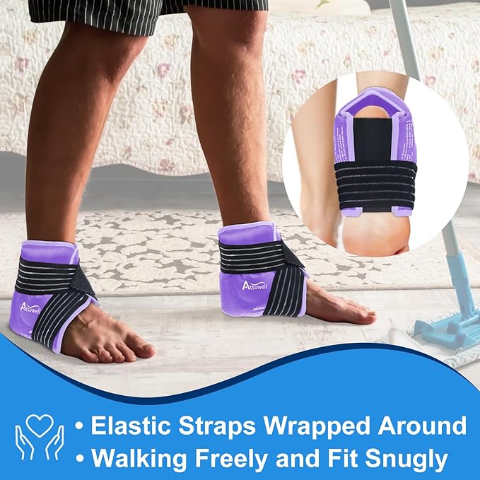 Atsuwell Ankle Ice Pack Wrap, Reusable Gel Ice Cold Packs for Ankle Foot Heel, Foot Ice Wrap with Soft Plush Lining, Cold Compress Therapy for Soothing Discomfort, Purple