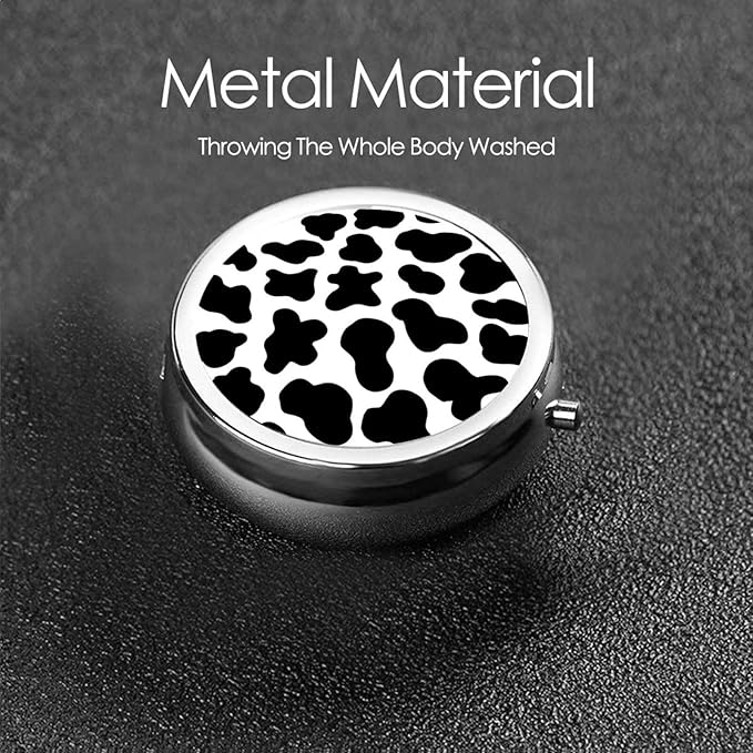Animal Cow Print White Black Spot Print Round Metal Pill Box with 3 Compartment for Pocket or Purse Travel Bag Mini Small Size 2 inche