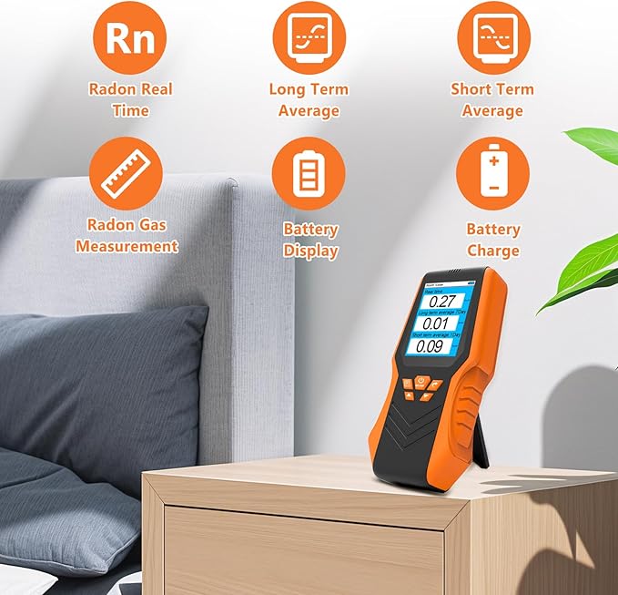 Portable Radon Detector for Home, Radon Tester with LCD Display, Short & Long Term Radon Monitoring, Real-time Monitoring, Bq/m3 & pCi/L Selectable for Office, Underground Garage, Cellar