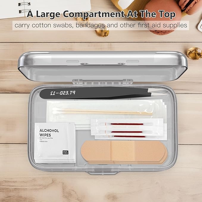 FYY Weekly Pill Organizer with Labels,8 Compartments Travel Daily Pill Case Airtight Moistureproof Large Pill Box to Hold Vitamins, Fish Oil, Supplements,Cotton Swab and Bandages-Grey