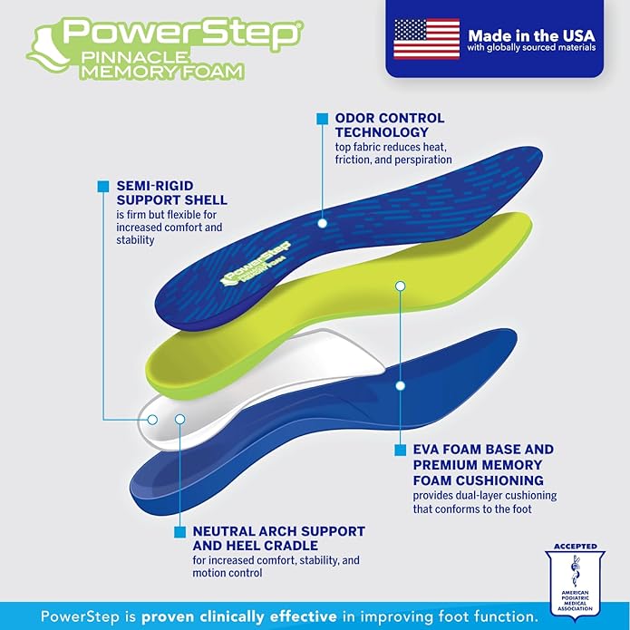 PowerStep Pinnacle Memory Foam Orthotics Insoles, Heel and Arch Support, Plantar Fasciitis Relief, Mild Pronation, Fat Pad Atrophy, Cushioned Orthotics for Men and Women, Made in The USA