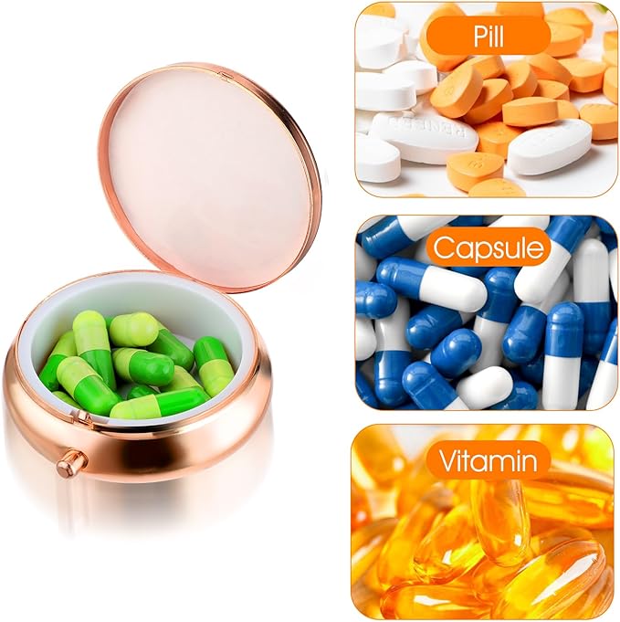 Pill Box Cute Small Pill Box for Purse & Pocket Medicine Organizer Travel Pillbox Waterproof Pill Case Metal Pill Container Holder for Vitamins, Fish Oil, Supplements (Rosegold)