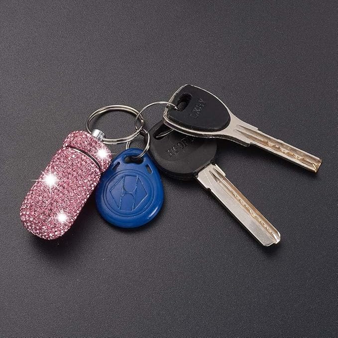 XhuangTech Waterproof Keychain Pill Box Bling Round Medicine Organizer Holder Container Aluminum Portable Mini Bottle Storage Case for Outdoor Travel Camping Purse Pocket (Pink)