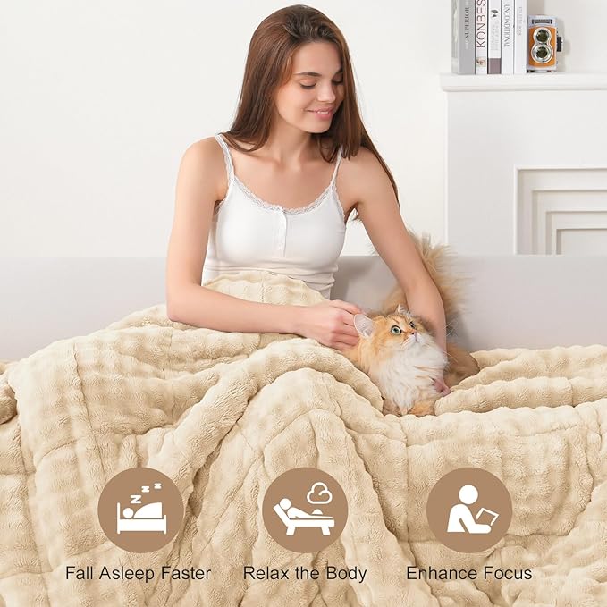 Cottonblue Weighted Blanket 20lbs Bubble Fleece Plush Sherpa Heavy Weighted Blankets for Adults, Fits Queen Size Bed, Cute Fuzzy Warm Heavy Blanket for Calm and Better Sleep, 60"x80", Beige