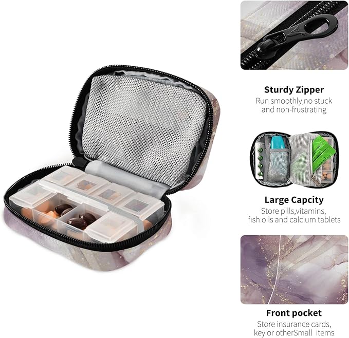 Purple Rose Marble Pill Case, Weekly Portable Pill Bag Container 7 Days Cute Pill Box Organizer Vitamin Supplement Holder with Zipper for Travel Family Business