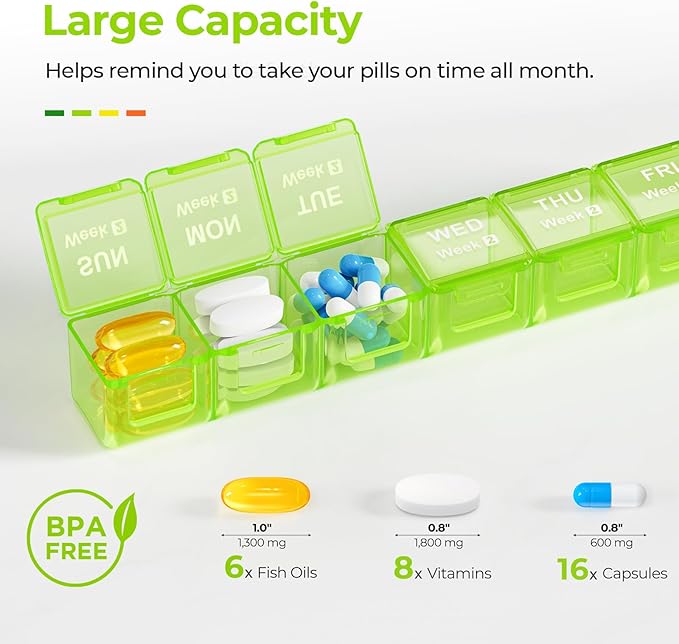 AUVON Moisture-Proof Monthly Pill Organizer, Large 28 Days Pill Box Case with Removable 4 Weeks Medication Organizer Rows, Travel-Friendly to Store Fish Oils, Vitamins, Supplements, Medications