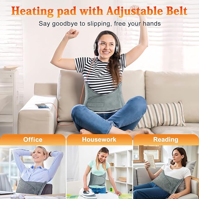 MELCAM Heating Pad for Back Pain Relief, 12"x24"+20" Large Electric Heating Pad for Period Cramps with Belt, 6 Heats Levels & 4 Timers, Auto Shut Off, Machine Washable, Gifts for Women Men Mom Dad